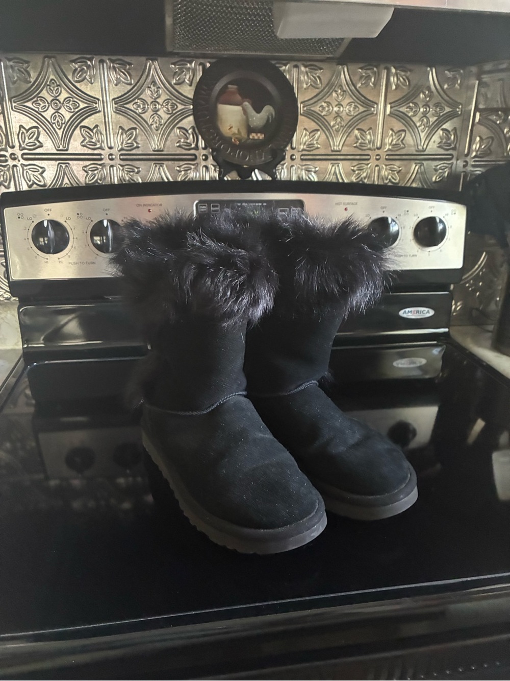 UGG Black Suede Fur-Trim Mid-Calf Boots with Buckle - Picture 2 of 4
